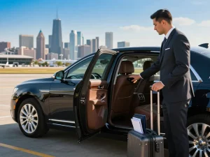 Midway airport limo service with a luxury Lincoln Continental, chauffeur assisting a traveler.