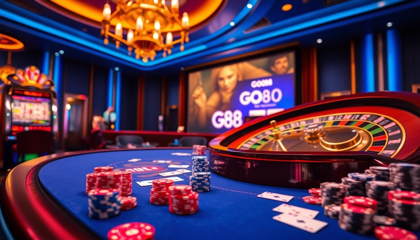 Experience the excitement of GO88 with vibrant casino elements like roulette wheels and poker chips.
