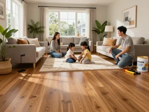 Family enjoying new flooring installation with flooring specialists near me providing guidance in a bright, inviting home.