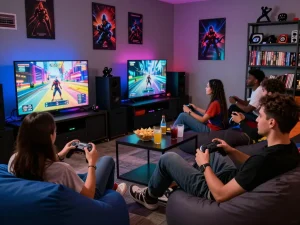 Gathered friends enjoying a multiplayer gaming experience at a sun win lounge with vibrant graphics and snacks.