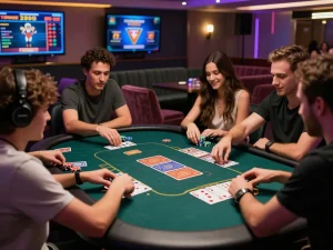Exciting gaming scene at 789club with friends engaged around a card table, vibrant casino atmosphere.