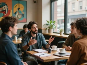 Men discussing personal growth and mental health at a café, promoting the manclub community.