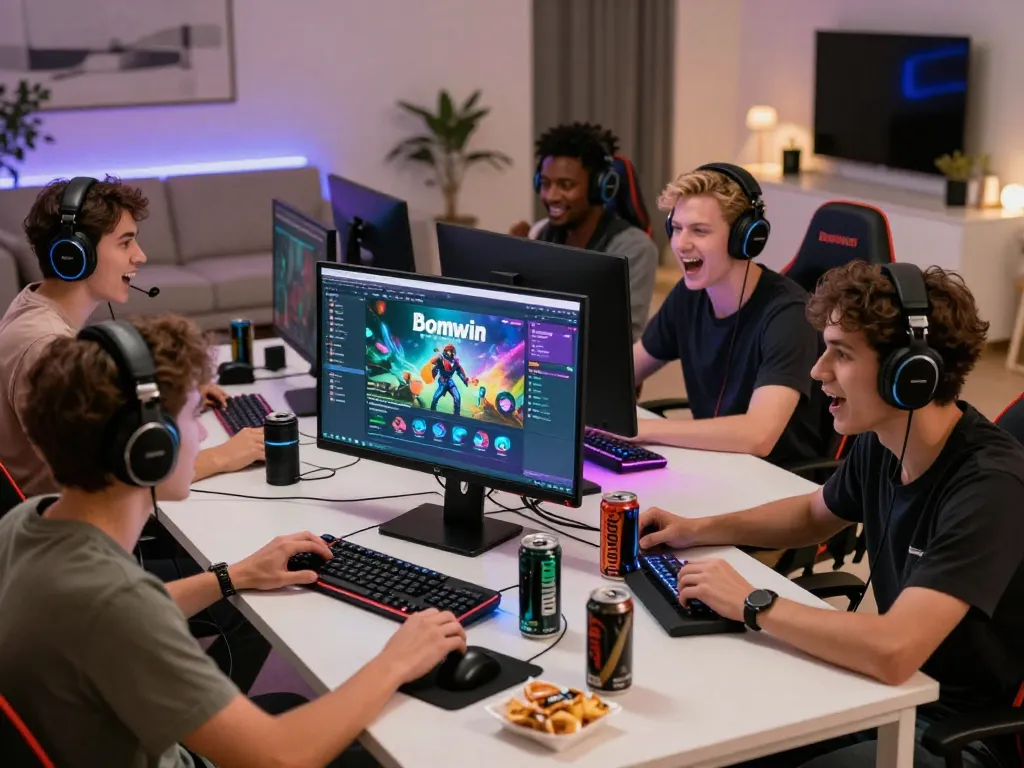 Group enjoying bomwin gaming experience in a vibrant online gaming setup