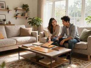 Flooring specialists near me helping a couple choose flooring options in a cozy living room.