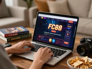 Playing the FC88 casino game on a laptop while strategizing for better odds.