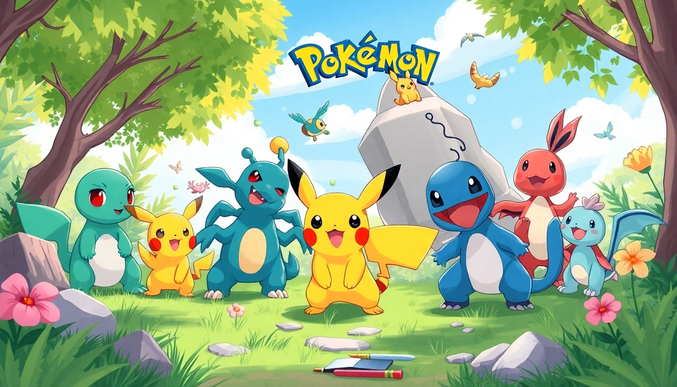Colorful illustration of Pokémon characters showcasing unique designs in a playful crafting scene with pokemon svg elements.
