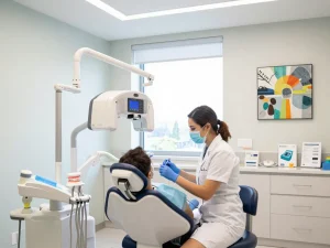 Dental news insights with a dentist providing care in a modern clinic surrounded by advanced equipment and patient comfort elements.