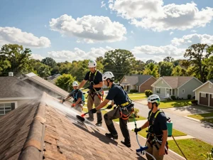 Professionals performing roof cleaning services Atlanta with soft wash equipment in a residential neighborhood.