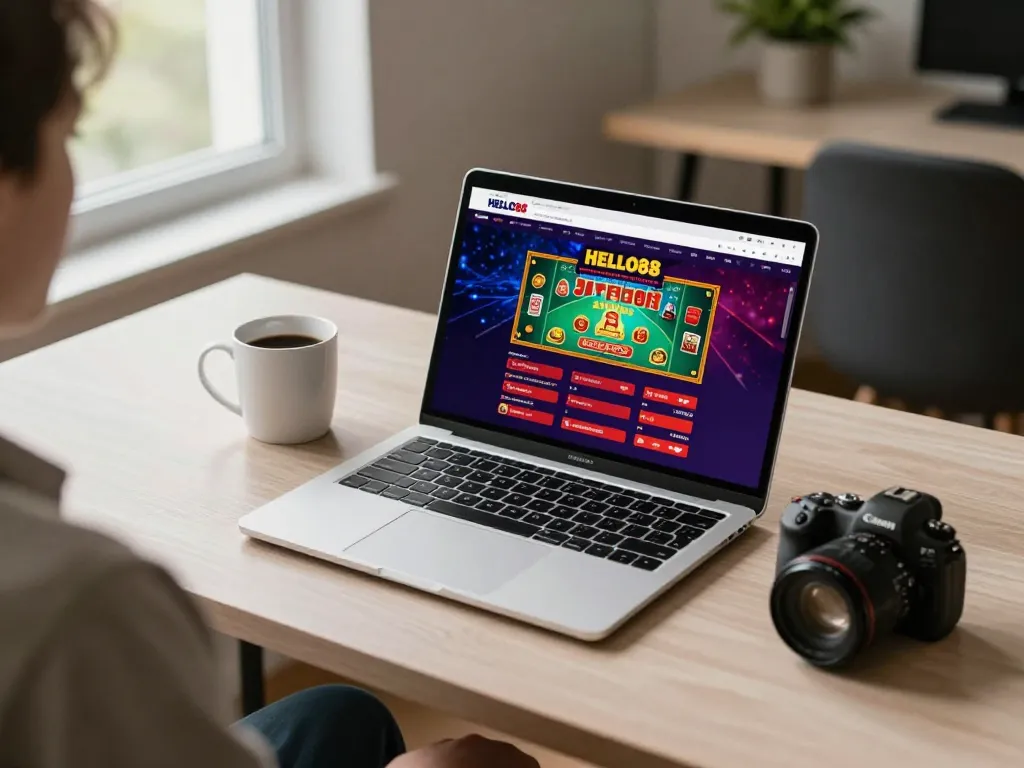 Engaging in online gaming at HELLO88, showcasing a modern and strategic setup with laptop and gaming interface.