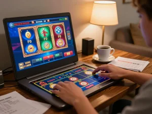 Engage with sunwingo's exciting online gameplay featuring vibrant slot machines on a laptop.