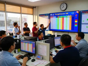 Suasana kantor dinamis menampilkan kegembiraan hasil lotere Pengeluaran HK