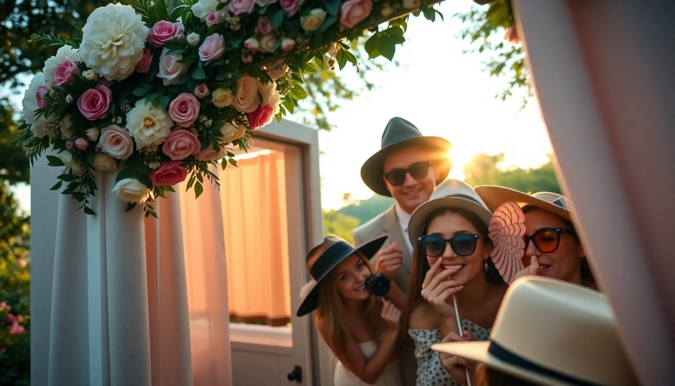Guests enjoying a photo booth rental with floral decorations during an outdoor event.