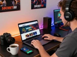 Engaged player enjoying SBOBET88 online betting at a stylish home gaming setup.