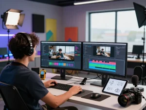 Creative professional using Kling motion ai in a video production studio