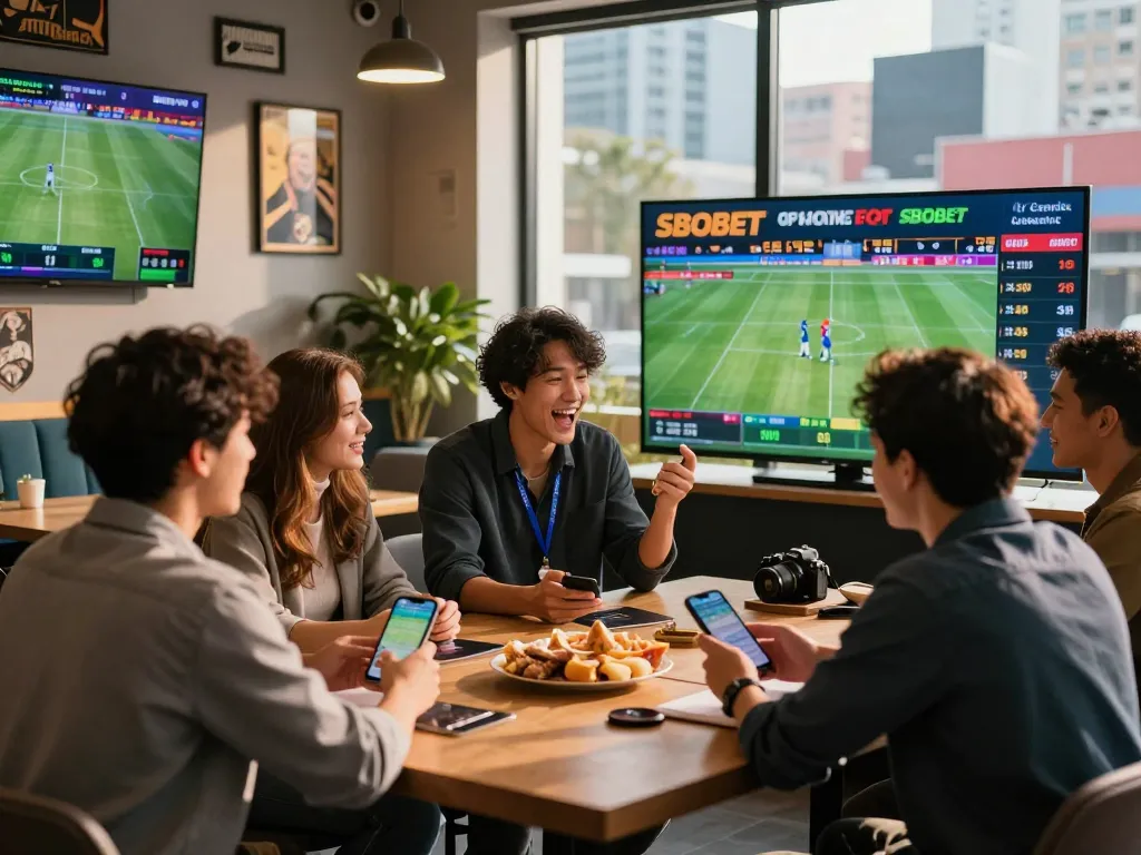 Bettors engaging in live sports action while placing SBOBET bets, vibrant lounge atmosphere.