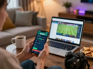 Aplikasi mobile SBOBET ditampilkan di smartphone dalam suasana taruhan yang nyaman dengan camilan dan laptop, menekankan perjudian yang bertanggung jawab.