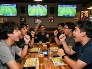 Teman-teman yang bersemangat berpartisipasi dalam taruhan olahraga Judi Bola di bar olahraga yang ramai dengan layar pertandingan langsung.