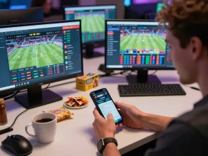 Aksi taruhan olahraga SBOBET di perangkat mobile dalam suasana rumah yang nyaman