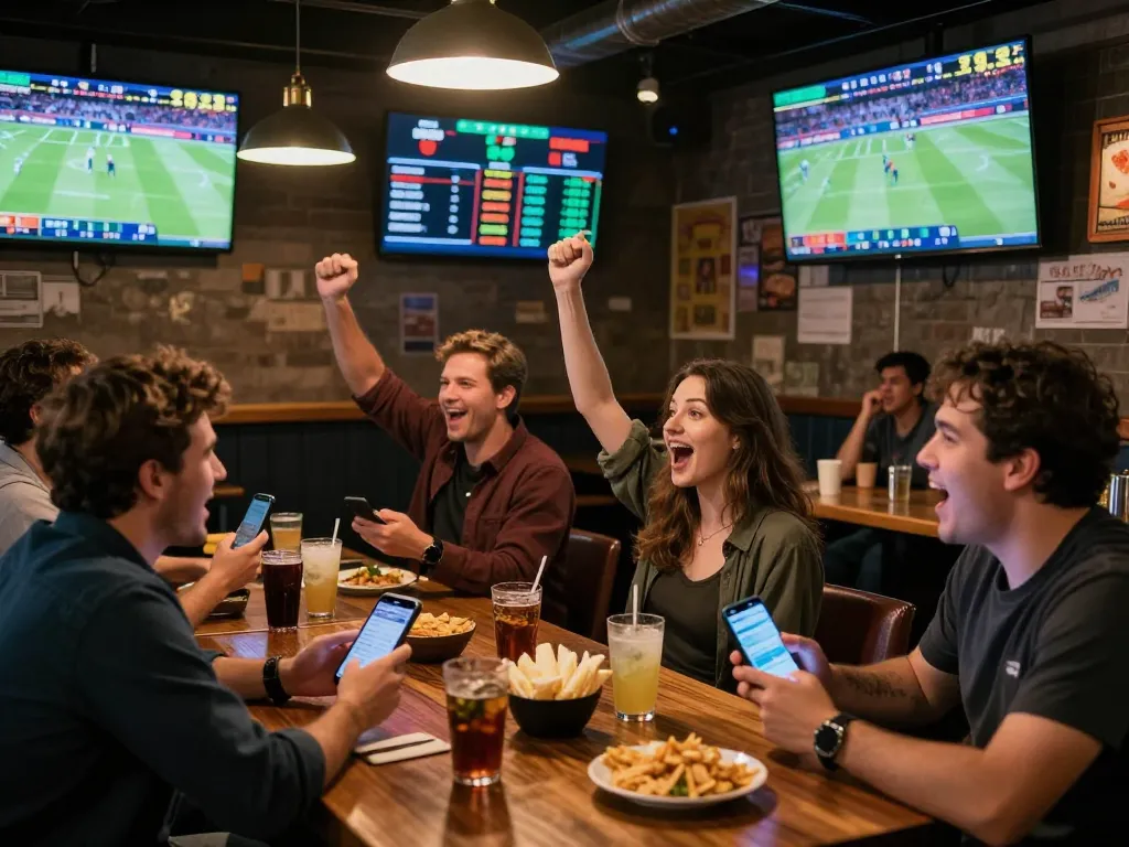 Engaged bettors strategizing with soi keo nha cai in a lively sports bar setting.