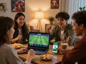 Friends enjoying online betting on UFABET in a lively living room setting.