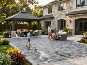 Paver driveway near me connecting family outdoor gatherings and elegant living spaces, showcasing luxury design.