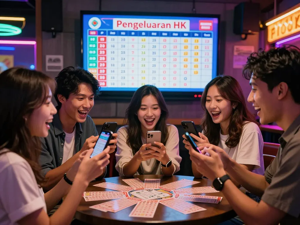 Sahabat yang bersemangat merayakan Pengeluaran HK di suasana malam perkotaan yang hidup.