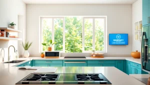 Secure your home systems and appliance warranty with a vibrant kitchen showcasing modern conveniences.