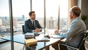 Clearwater truck accident lawyer discussing legal options with a client in an office.
