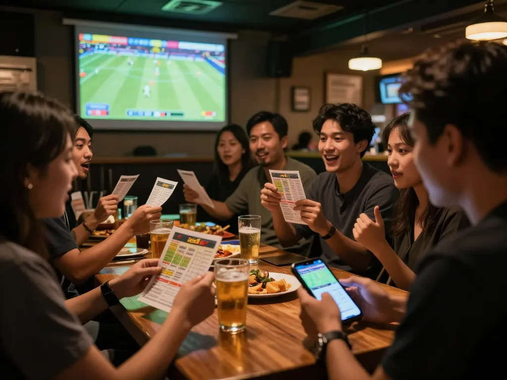 Penjudi yang terlibat mendiskusikan strategi untuk taruhan Judi Bola langsung di bar olahraga, terlihat semangat dan kebersamaan.
