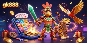 Spin the reels with gk888 in a vibrant 3D casino scene featuring dynamic game elements.