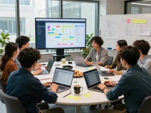 Collaborative workspace for WPS官网 software development with engineers brainstorming ideas and using technology.