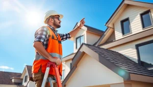 Roofing contractor inspecting a residential roof with safety gear and materials.