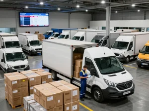 Logistics driver loading clean, tracked delivery van at a busy transport hub.