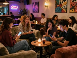 Social scene depicting NSFW discussions in a cozy lounge with vibrant decor.
