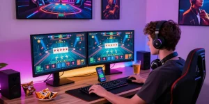 Baccarat game scene with a young adult playing online, showing intense focus and modern setup, engaging with various gaming elements.