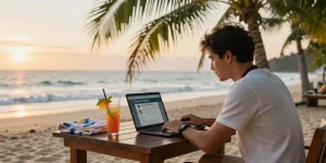 Researching how to cancel my timeshare at a beach resort with a laptop.