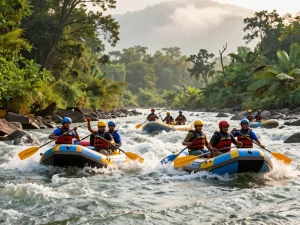 Dandeli resorts showcasing a vibrant rafting adventure on the Kali River with lush landscapes and excited participants.