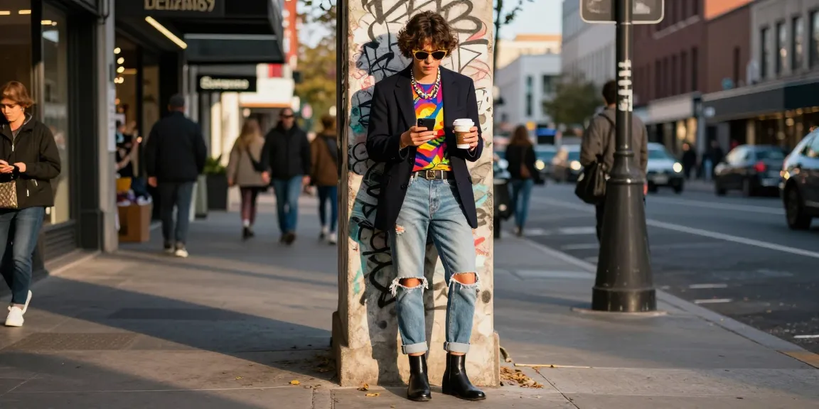 Fashion tips for urban style with a chic layered outfit in a vibrant city setting.