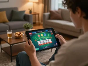Engaging online blackjack gameplay on a tablet, showcasing 88xeng's vibrant casino environment