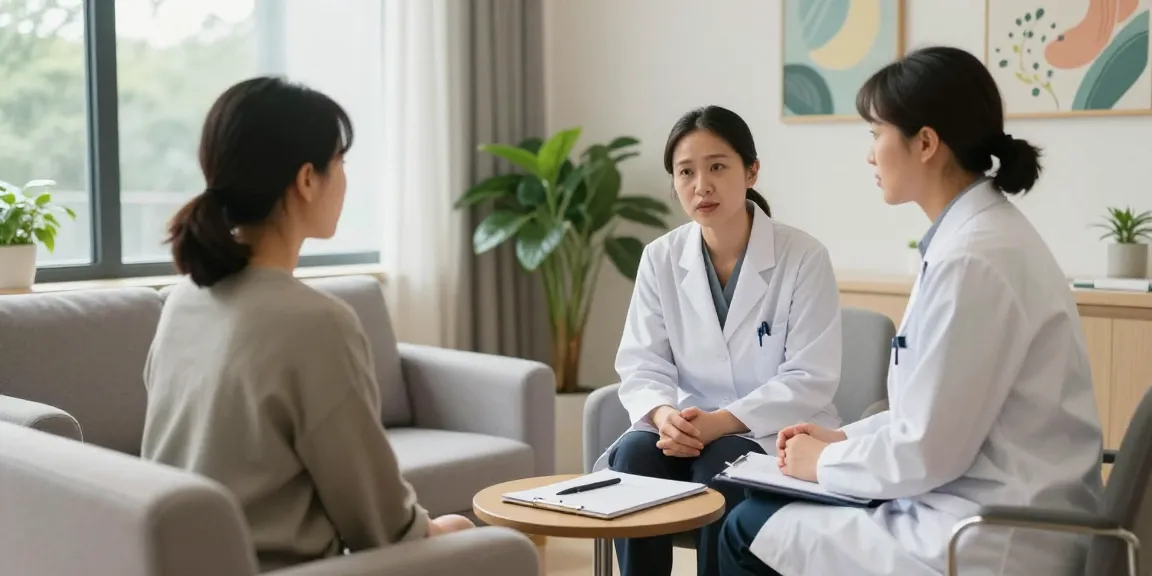 Therapist and patient discussing焦慮症 in a warm mental health clinic.