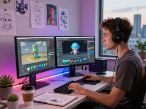 3D artist transforming images to 3D in modern digital studio