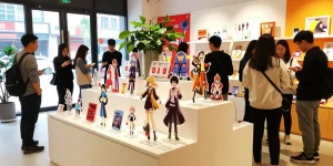 Custom acrylic standees displayed in a vibrant retail store with shoppers browsing
