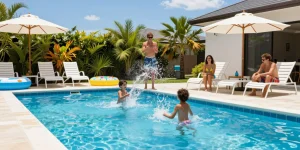 Dolphin Pool Services enhances family fun with vibrant backyard pool scene on a sunny day, showcasing enjoyable outdoor living.