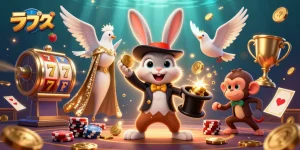 Experience exciting ラブグッズ in this vibrant casino scene featuring playful characters and dynamic game elements.