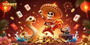 Experience exciting wins with TOPBET in a lively casino scene filled with vibrant characters.