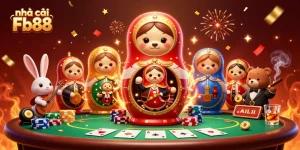 Players engage with nhà cái Fb88 through vibrant casino-themed 3D illustration featuring unique characters.
