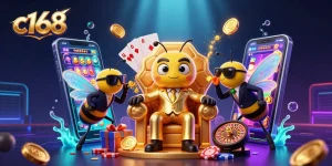 Engage with c168 in a vibrant, action-packed casino scene featuring slot games and luxury.