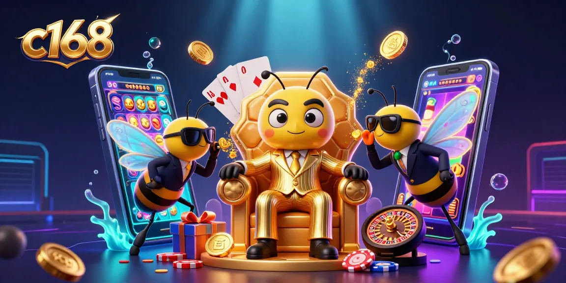 Engage with c168 in a vibrant, action-packed casino scene featuring slot games and luxury.