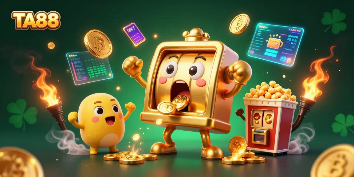 TA88 jackpot celebration with golden slot machines cheering and crypto elements scattered around.