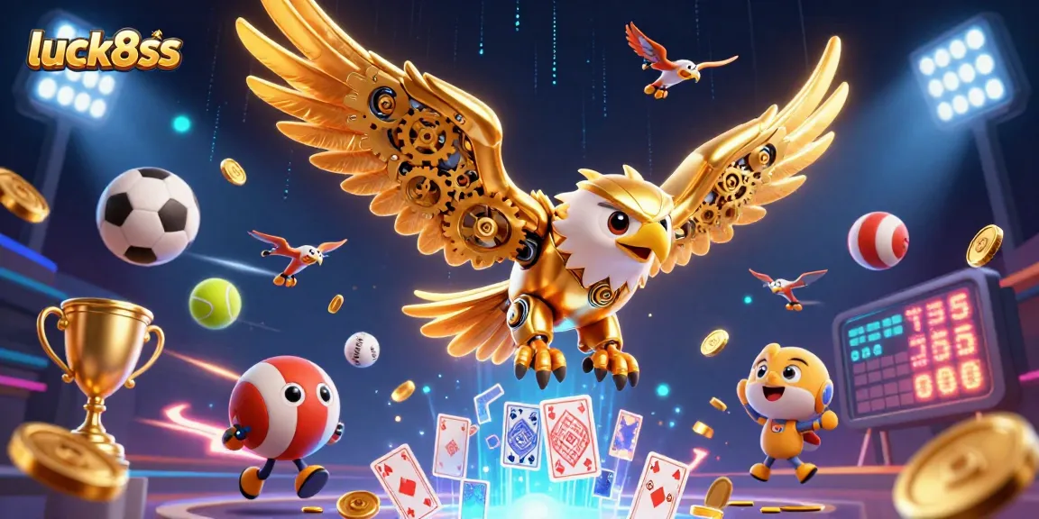 Experience the thrill of luck8ss with a dynamic 3D casino illustration featuring cybernetic eagles and sports elements.